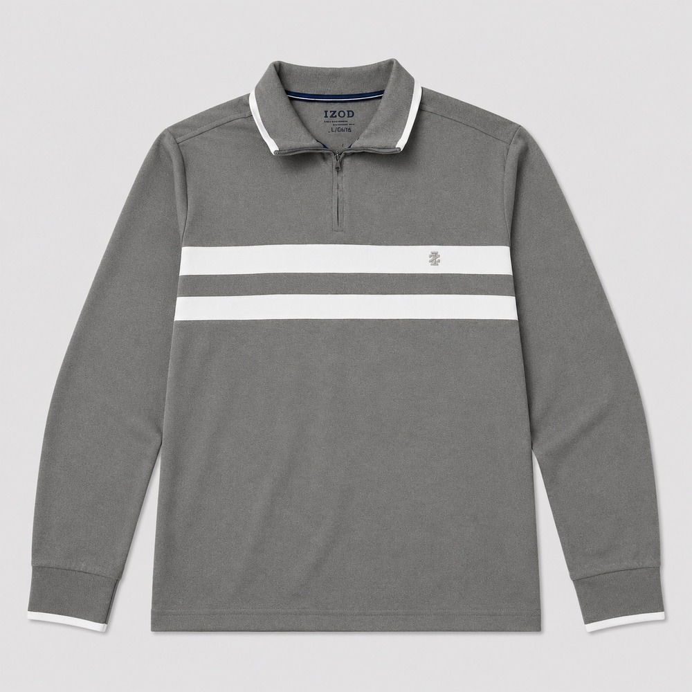 IZOD Performance Polo Shirt Mens XL Gray White Stripe 1/4 Zip Long Sleeve